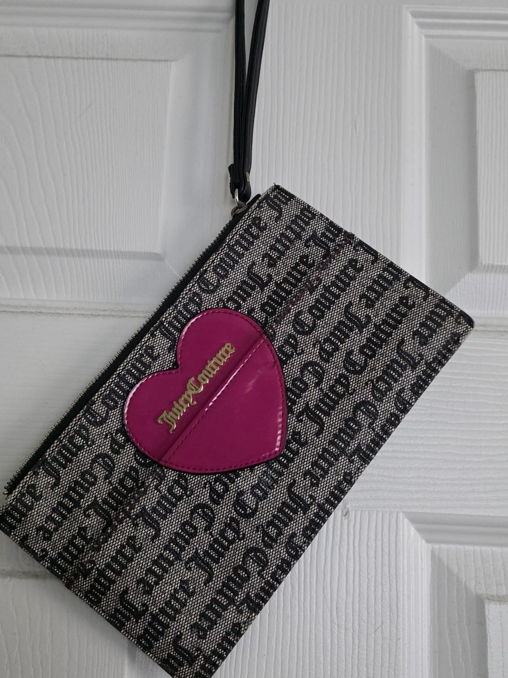 Juicy Couture Black Logo Wristlet with Pink Heart Accent
